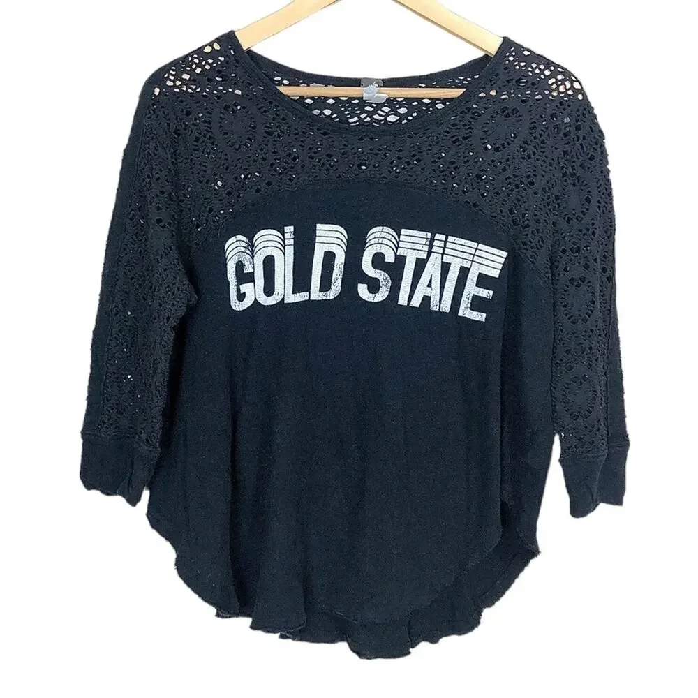 Free People Oversized Distressed Crochet Cropped Gold State T-shirt Size Small